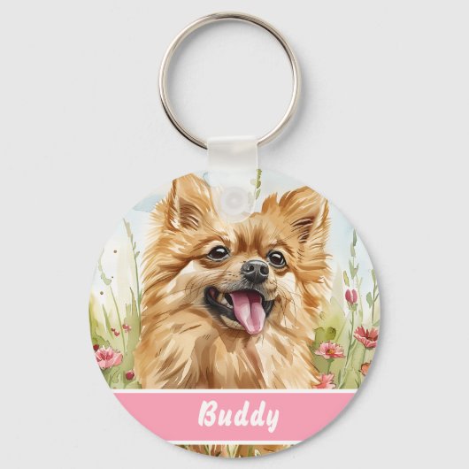 Pomeranian ID Tag – Add Name & Contact キーホルダー (正面)