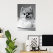 Pomeranian in Bubble Bath Print, Funny Dog ポスター (ホームオフィス)