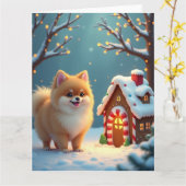 Pomeranian in Gingerbread Village Christmas カード (黄色い花)