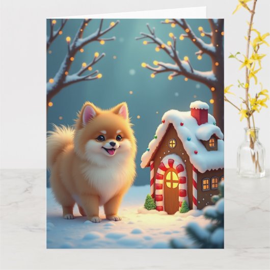 Pomeranian in Gingerbread Village Christmas カード (黄色い花)