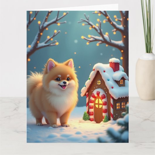 Pomeranian in Gingerbread Village Christmas カード (正面)