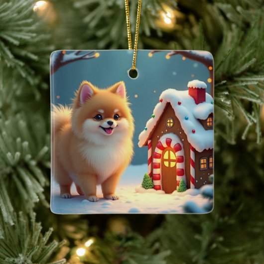 Pomeranian in Gingerbread Village Christmas セラミックオーナメント (ツリー)