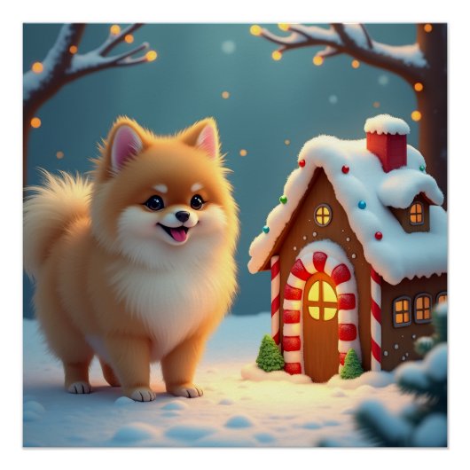 Pomeranian in Gingerbread Village Christmas ポスター (正面)