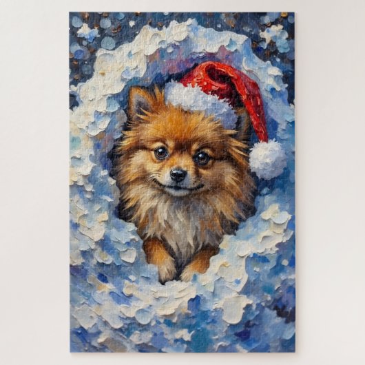 Pomeranian Lost in a Fluff of Christmas Snow Hat ジグソーパズル (縦)
