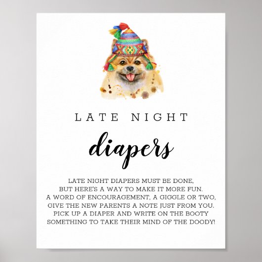 Pomeranian Puppy Dog Baby Shower Late Night Diaper ポスター (正面)