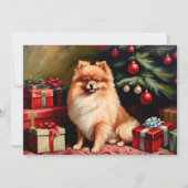 Pomeranian sitting by Christmas tree カード (正面)