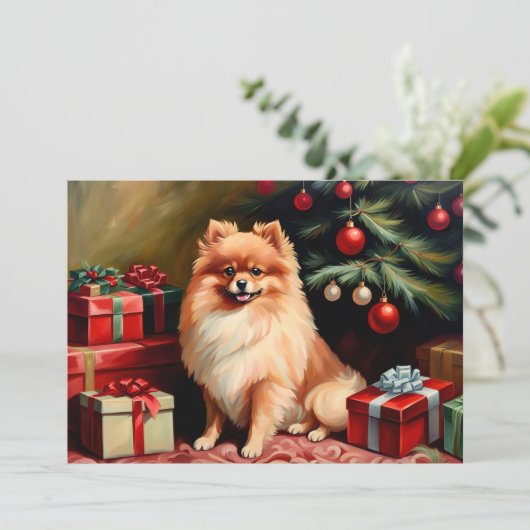 Pomeranian sitting by Christmas tree カード (スタンド正面)