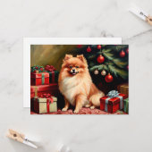 Pomeranian sitting by Christmas tree カード (正面/裏面インサイチュ)