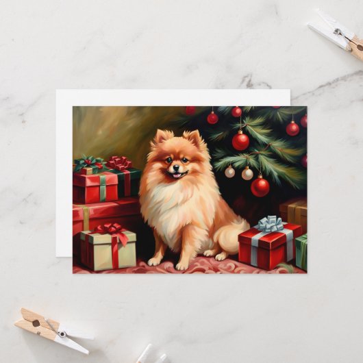 Pomeranian sitting by Christmas tree カード (正面/裏面インサイチュ)
