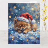Pomeranian Sleeping on Fairy Lights Christmas Hat カード (黄色い花)