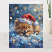 Pomeranian Sleeping on Fairy Lights Christmas Hat カード (正面)