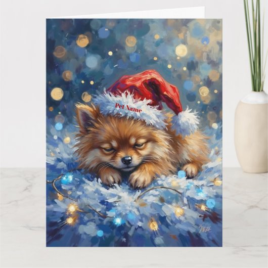 Pomeranian Sleeping on Fairy Lights Christmas Hat カード (正面)