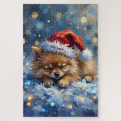 Pomeranian Sleeping on Fairy Lights Christmas Hat ジグソーパズル (縦)