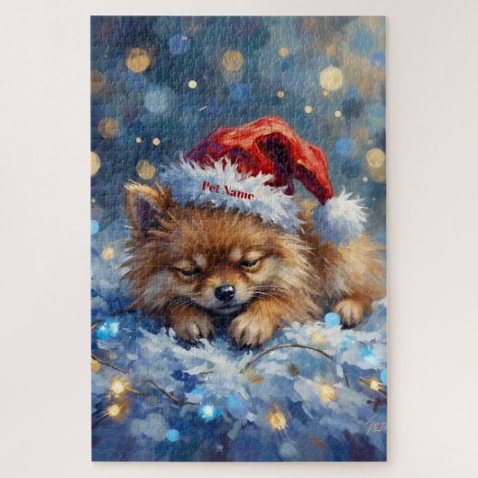 Pomeranian Sleeping on Fairy Lights Christmas Hat ジグソーパズル (縦)