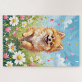Pomeranian Spring Daisy Field Cute Dog ジグソーパズル (横)