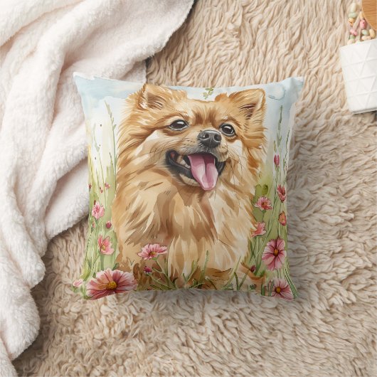 Pomeranian Throw Pillow – Watercolor クッション (ブランケット)