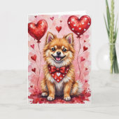 Pomeranian Valentine’s Day Dog with Hearts Red カード (正面)