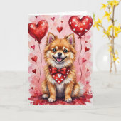 Pomeranian Valentine’s Day Dog with Hearts Red カード (黄色い花)