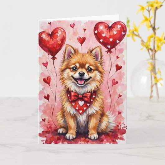 Pomeranian Valentine’s Day Dog with Hearts Red カード (黄色い花)