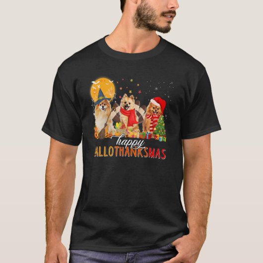 Pomeranian Wizard Hat Turkey Santa Hat Happy Hallo Tシャツ (正面)