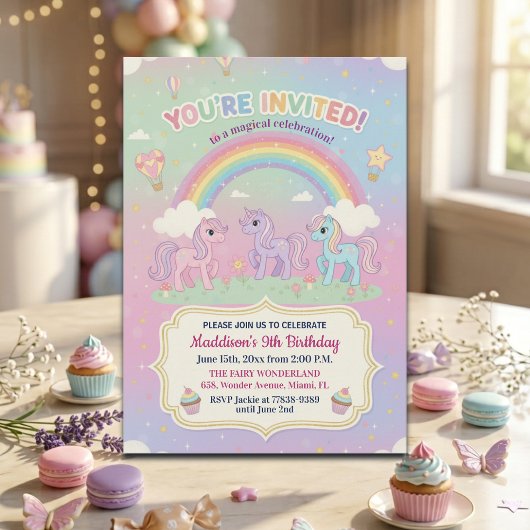 Ponies and Rainbow 9th Birthday Party 招待状