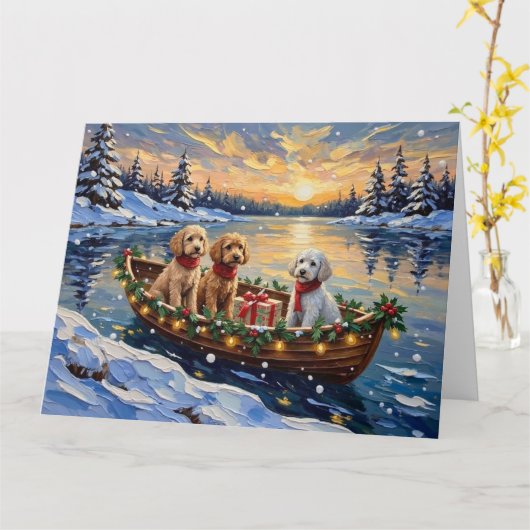 Poodle Christmas Boat Holiday カード (黄色い花)