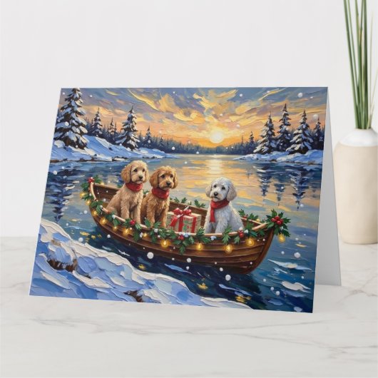 Poodle Christmas Boat Holiday カード (正面)