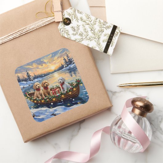 Poodle Christmas Boat Holiday スクエアシール (ギフト)