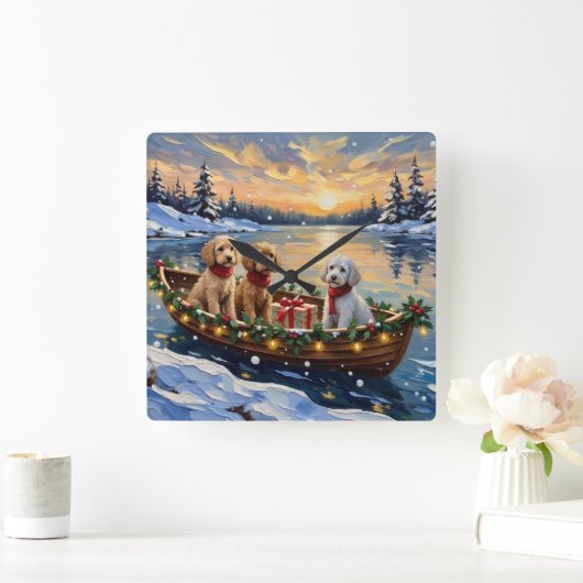 Poodle Christmas Boat Holiday スクエア壁時計 (ホーム)