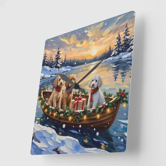 Poodle Christmas Boat Holiday スクエア壁時計 (傾斜)