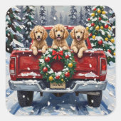 Poodle Christmas Red Truck Holiday スクエアシール (正面)