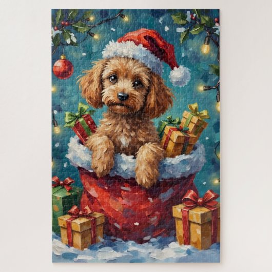 Poodle Christmas Santa Bag Adventure ジグソーパズル (縦)