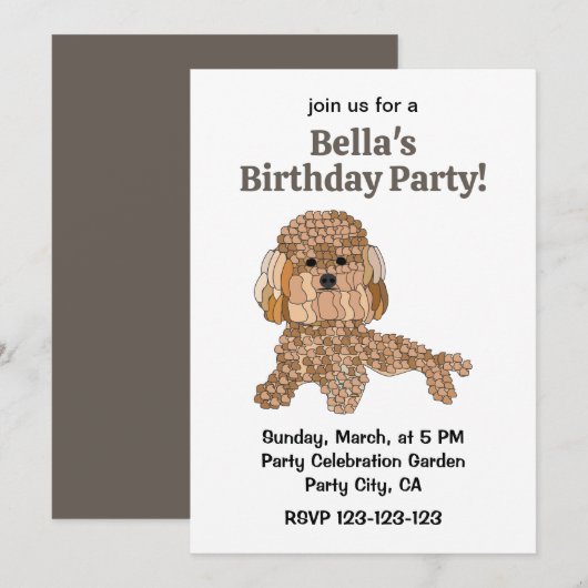 Poodle Dog Birthday Party 招待状 (正面/裏面)