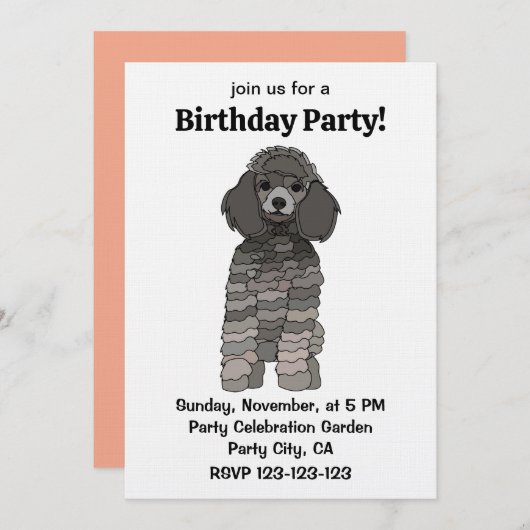 Poodle Dog Pet Birthday Party 招待状 (正面/裏面)