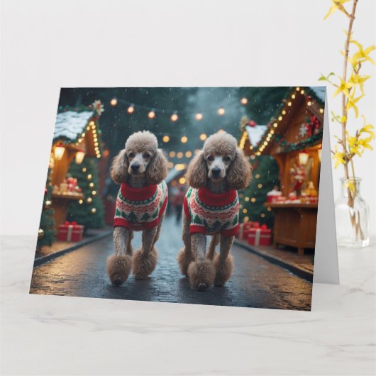 Poodle Dogs Christmas Snow Holiday カード (黄色い花)