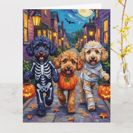 Poodle Dogs Trick-or-Treating Halloween Costumes カード (黄色い花)