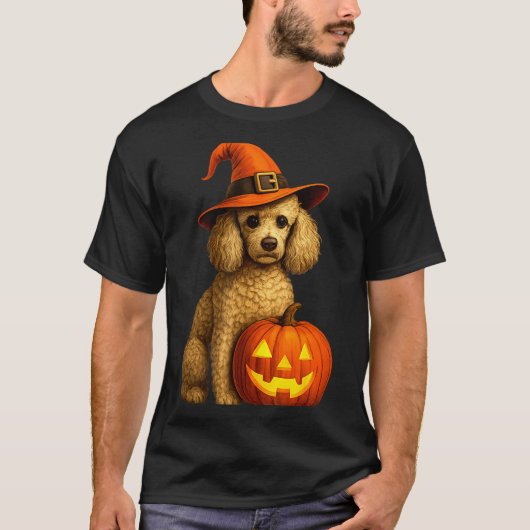 Poodle Halloween Pumpkin Witch Hat Dog Art Family Tシャツ (正面)