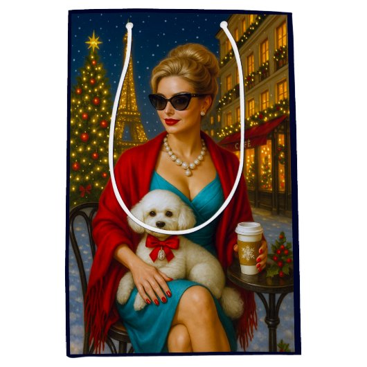 Poodle Holiday  ミディアムペーパーバッグ (正面)