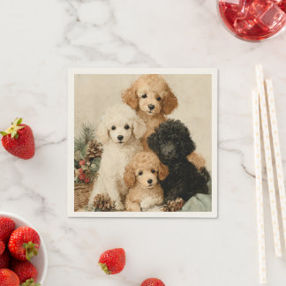 Poodle Puppies Vintage Christmas スタンダードカクテルナプキン
