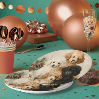 Poodle Puppies Vintage Christmas ペーパープレート