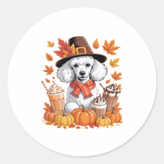 Poodle Thanksgiving Drinks Coffee Fall Leaves Pump ラウンドシール (正面)