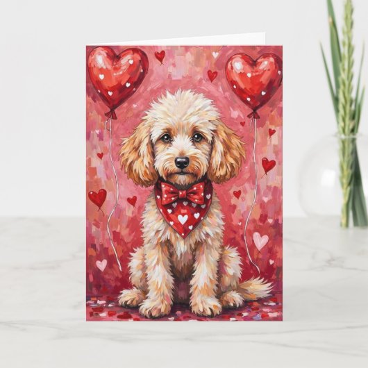 Poodle Valentine’s Day Dog with Hearts Red カード (正面)