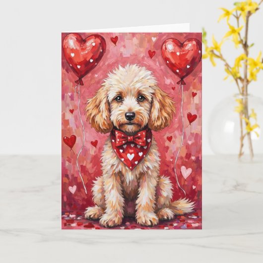 Poodle Valentine’s Day Dog with Hearts Red カード (黄色い花)