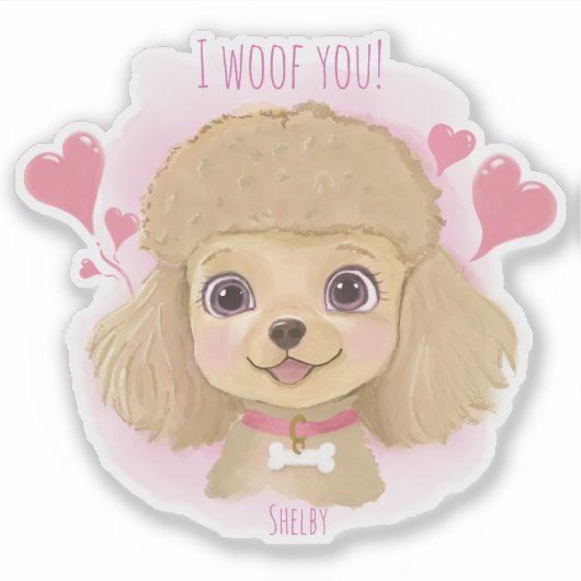 Poodle Valentine Sticker with Name & I Woof You! シール (正面)