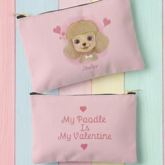 Poodle Watercolor Valentine Pouch with Custom Name アクセサリーポーチ
