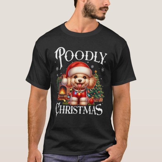 Poodle Xmas  Unisex Adults Black Small Short Sleev Tシャツ (正面)