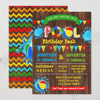 Pool birthday bash兄弟姉妹とパーティーwood 招待状
