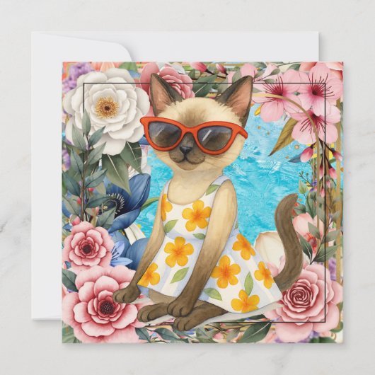 Pool Birthday Party for Cat Lovers  サンキューカード (正面)