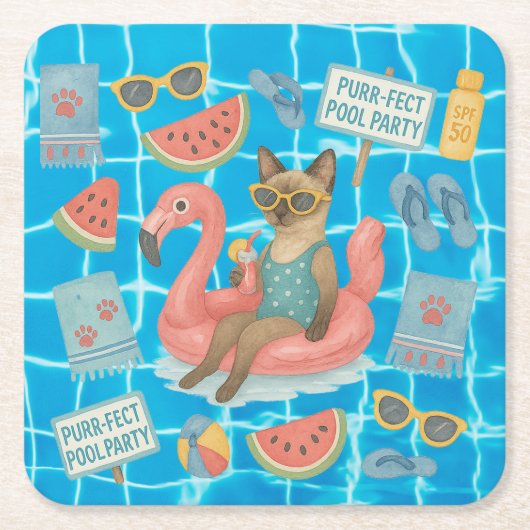 Pool Birthday Party for Cat Lovers  スクエアペーパーコースター (正面)