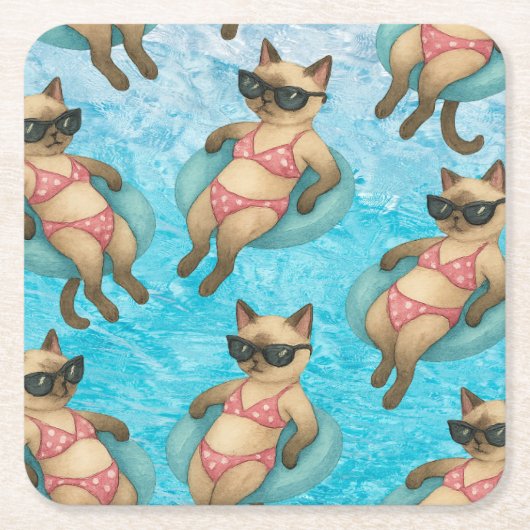 Pool Birthday Party for Cat Lovers スクエアペーパーコースター (正面)